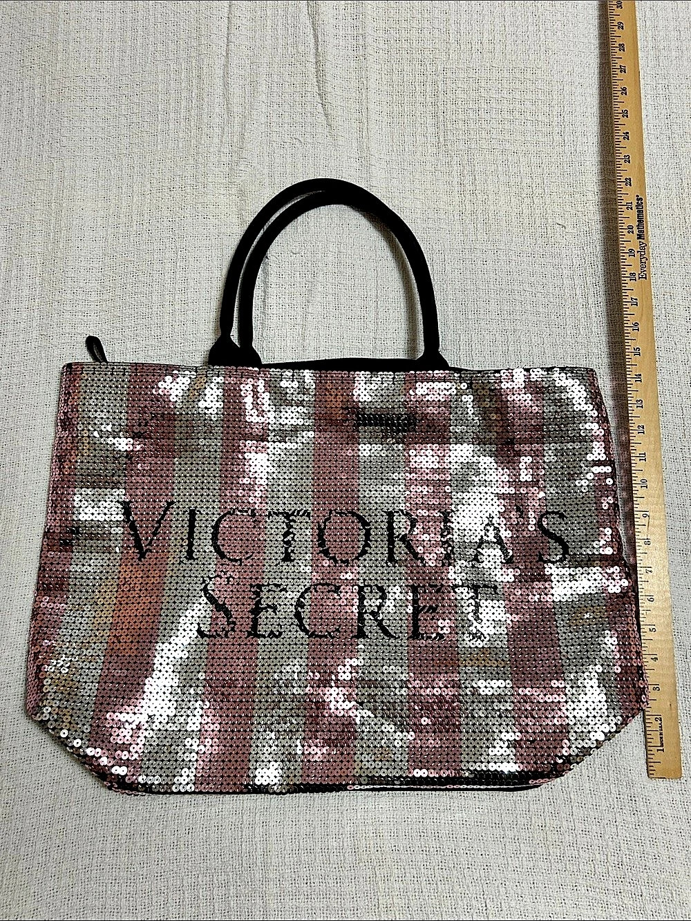 Victoria's Secret Sequin Stripe Tote Bag Black & Pink EUC